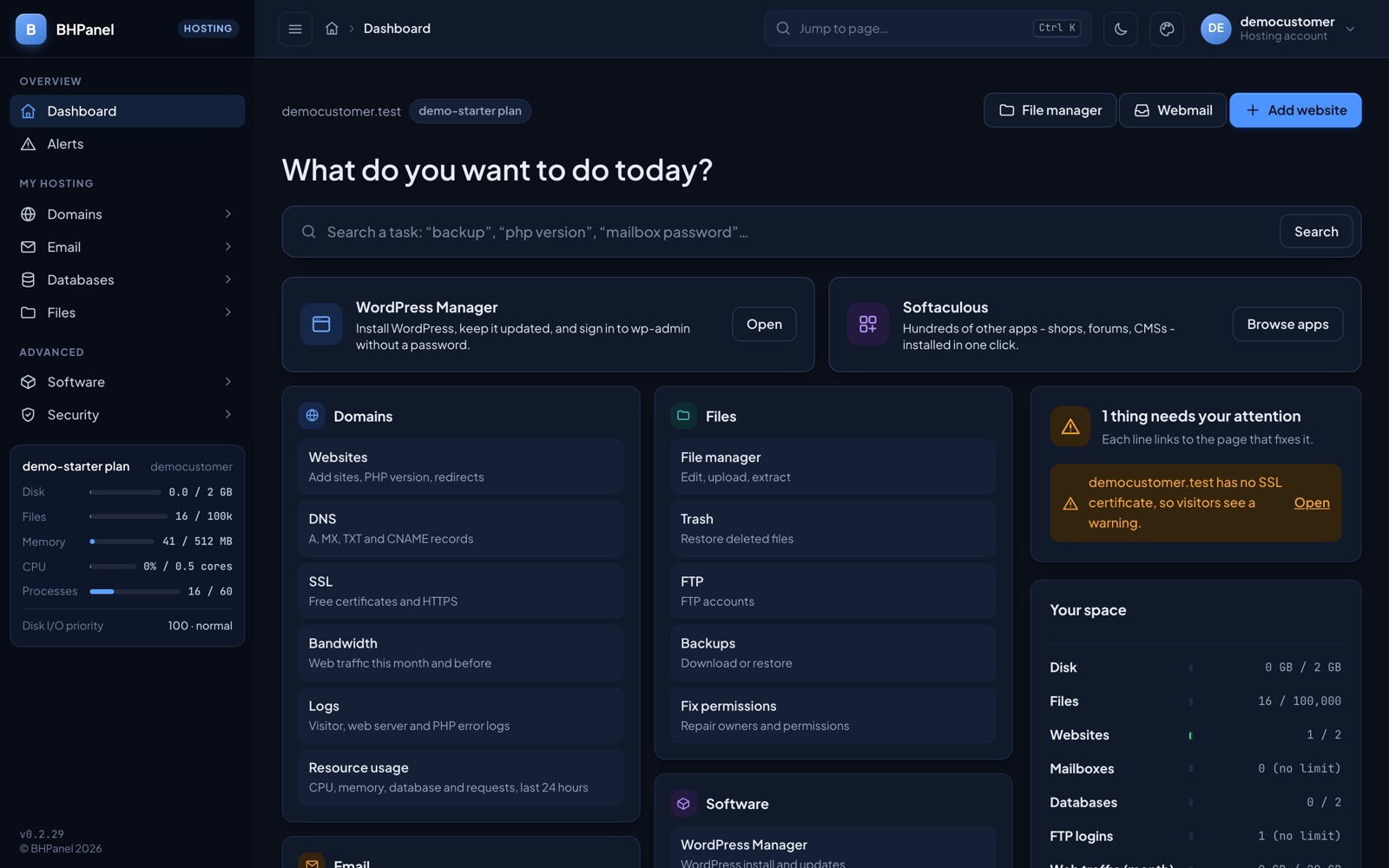 The BHPanel customer dashboard