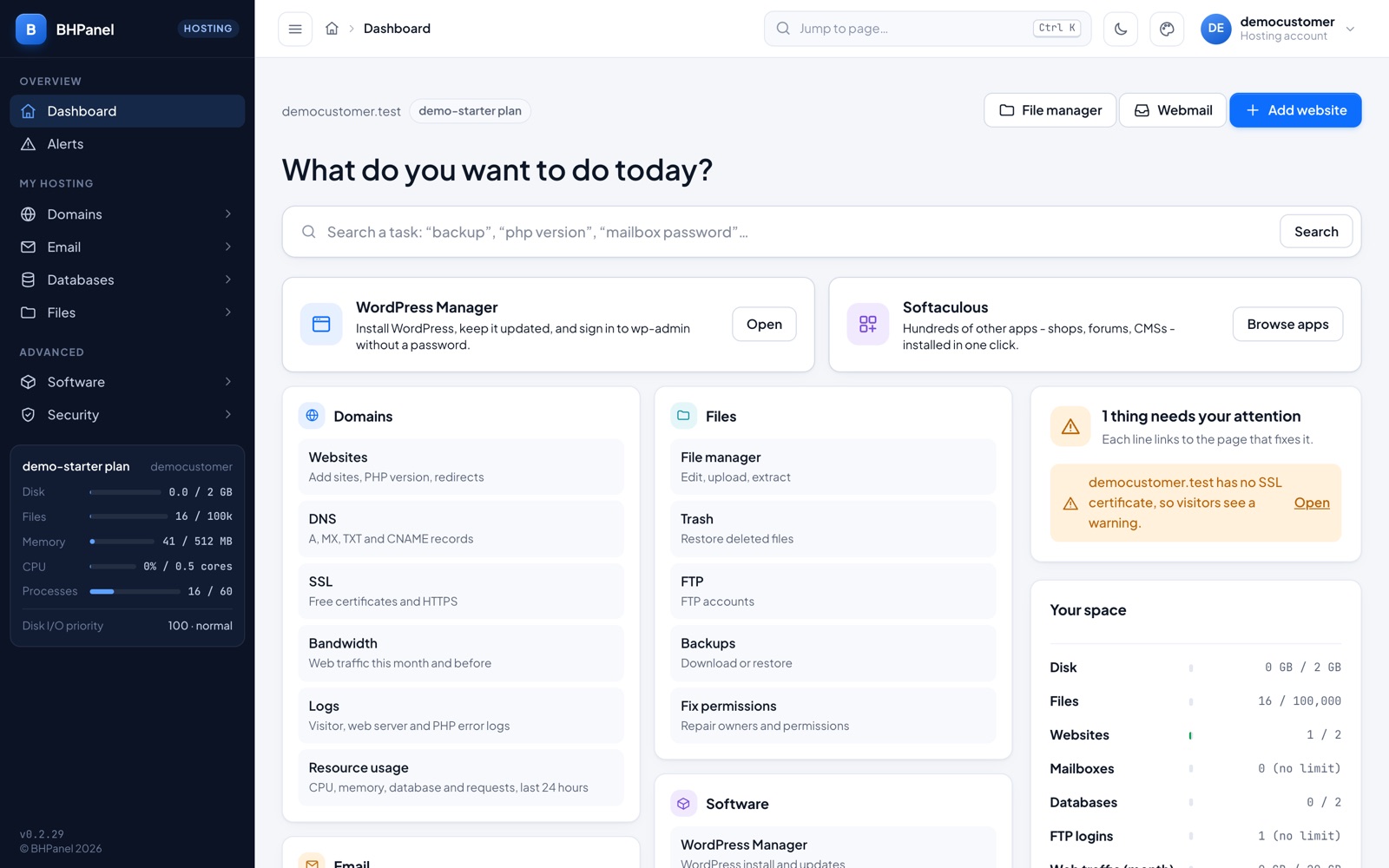 The BHPanel customer dashboard